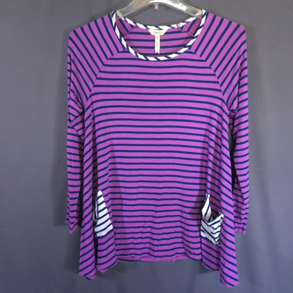Matilda Jane Tunic Shirt Long Sleeve‎ Pockets Striped Size Medium Preppy Coastal